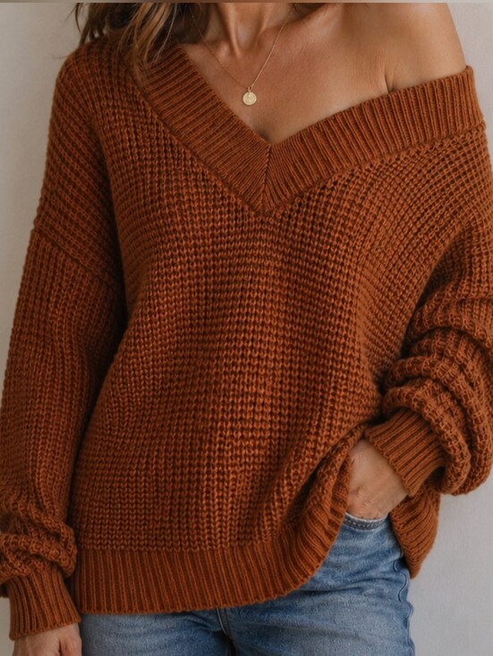 Zenana Outfitters Sweaters - Zenana Outfitters Off-Shoulder V-Neck Chunky Knit Sweater - Rust